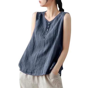 Imagem de Regatas de linho para mulheres, gola redonda, botões, sem mangas, caimento solto, camisa casual de cor sólida, Azul, 4G