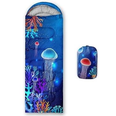 Imagem de QOOMO Sacos de dormir com estampa de água-viva coral em alto mar, 3 estações, clima quente e frio, leve, sacos de dormir à prova d'água para adultos e crianças, viagens e ao ar livre, equipamentos de