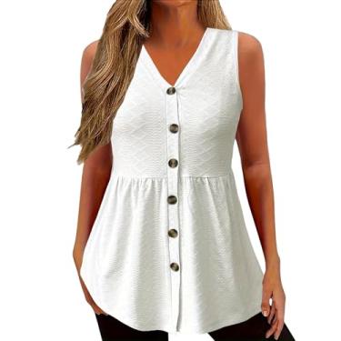 Imagem de Regata feminina de verão, gola V, botões, texturizada, cor sólida, túnica sem mangas, Branco, XXG