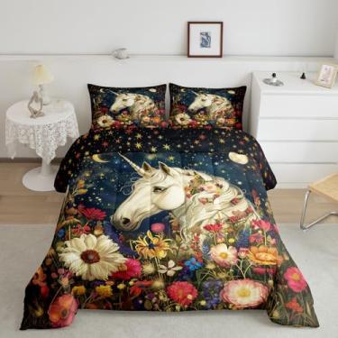 Imagem de Jogo de cama queen de unicórnio, flores de jardim rústicas, cavalo branco, animal sonhador, microfibra super macia, para adultos, adolescentes, princesa, lua estrelada, céu brilhante, 2 travesseiros