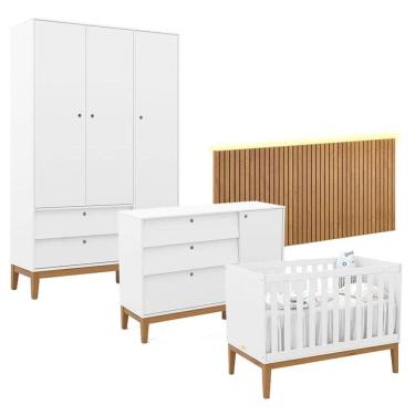Imagem de Quarto de Bebê Unique 3 Portas com Cômoda Sapateira e Painel Ripado com Led Branco Soft Eco Wood - Matic