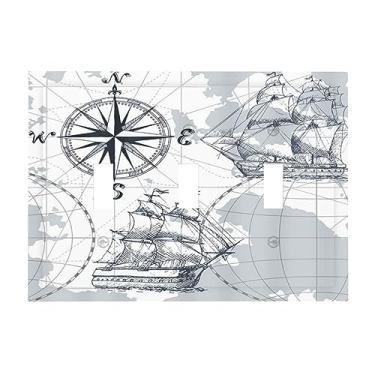 Imagem de Spshian Capa de interruptor de luz, veleiro náutico, bússola, moderno, esboço, navio, 3 bandas, placa de interruptor de luz tripla com interruptor de luz, capas decorativas para tomada de interruptor