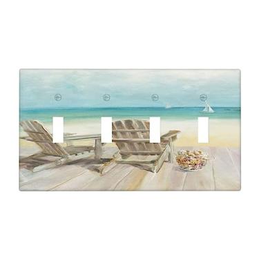 Imagem de Beach Seascape 4 Gang Placa de parede oceano azul Quad Toggle Light Switch Cover cadeira de praia costeira decorativa placa frontal elétrica para cozinha, quarto, banheiro, tamanho padrão