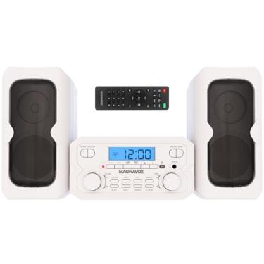 Imagem de Magnavox MM435-WH Sistema de prateleira de CD compacto de 3 peças com rádio estéreo AM/FM, tecnologia sem fio Bluetooth e controle remoto em branco | Display LCD | Porta AUX Compatível |