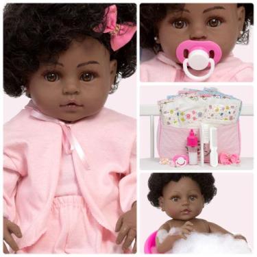 Imagem de Bebe Reborn Menina Negra 100% Silicone + Bolsa Roupão Pijama - Cegonha
