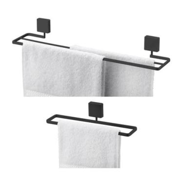 Imagem de Kit Toalheiro Duplo 45cm Suporte Porta Toalha 25cm Banheiro Preto Fosc