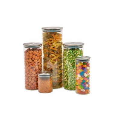 Imagem de Kit 5 potes de vidro com tampa inox hermético redondo - Tud, U, INOX