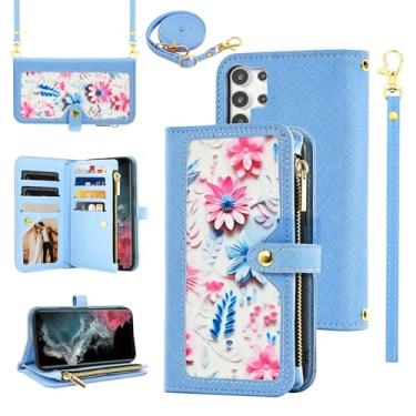 Imagem de Furiet Capa carteira floral para Samsung Galaxy S23 Ultra 5G com alça de pulso alça de ombro flip bolsa com zíper bolsa de couro PU de luxo suporte para cartão capa de telefone para S23Ultra 23S S 23