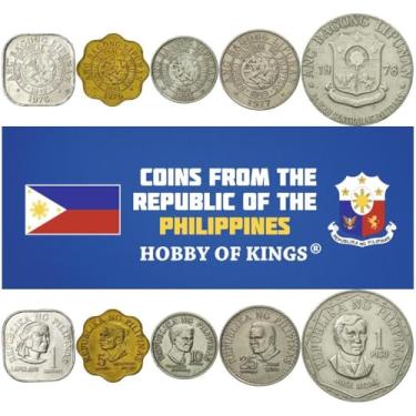 Imagem de 5 Coin Set from Philippines | 1 5 10 25 Sentimos 1 Piso Coin Set Collection | Lapulapu | Melchora Aquino | Francisco Baltasar | Juan Luna | Jose Rizal | 1975-1978