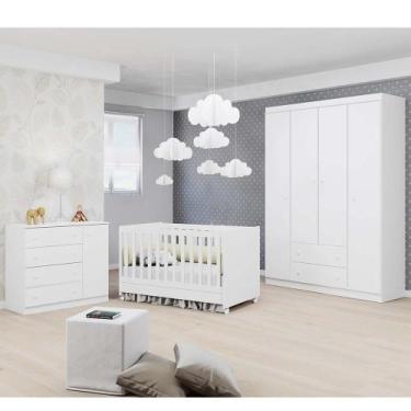 Imagem de Quarto de Bebê Berço Branco + Cômoda c/ Porta + Guarda Roupa 4 Portas 