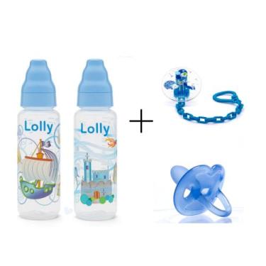 Imagem de Kit Lolly Azul Mamadeira + Prendedor + Chupeta 100% Acabamento de Sili
