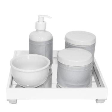 Imagem de Kit Higiene Espelho Potes, Molhadeira, Porta Álcool-Gel e Capa Prata Q