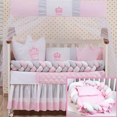 Imagem de Jogo de berço com caminha de bebê conforto modelo coroa trança rosa e 