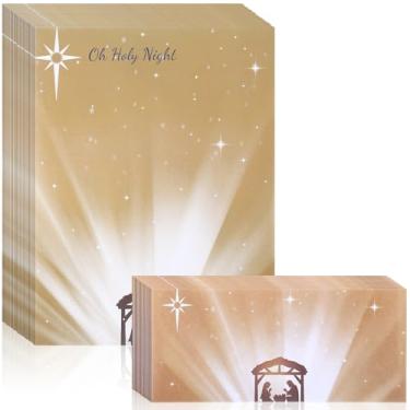 Imagem de Humyoun 80 conjuntos de papel de papelaria de Natal religioso com envelope de presépio papel timbrado para escrever cartas, cartão de felicitações, não para impressoras (amarelo, Oh Holy Night)