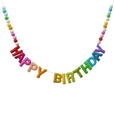 Imagem de Glaciart One Guirlanda de feliz aniversário - Letras e bolas de lã natural feitas à mão - Decorações de festa de aniversário e suprimentos de festa - Arte pronta para pendurar - 9 pés, colorido arco-íris