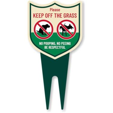 Imagem de SmartSign Placa de estaca Keep Off Grass No Pooping/Peeing Be Respectful Yard Stake, 15 x 30 cm, placa composta de alumínio de 120 mil com sobretudo para fora, placa em forma de escudo com estacas de