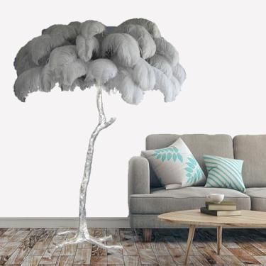 Imagem de Lâmpada de pé moderna, luz de proteção ocular regulável com abajur de penas, corpo e pedal prateados de resina, lâmpada de leitura de penas de chão