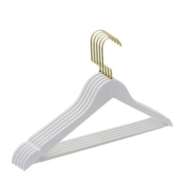 Imagem de 5 Cabide Branco Madeira Com Barra Adulto Gancho Luxo Italiano Dourado Rose Prata ou Preto