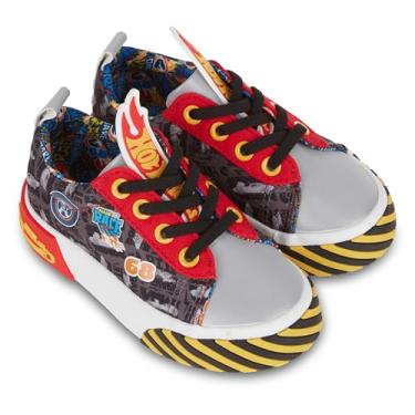 Imagem de Hot Wheels Tênis infantil infantil para meninos, caminhões, pistas e motores, carro de corrida com bandeira quadriculada com cadarço, Preto, 19