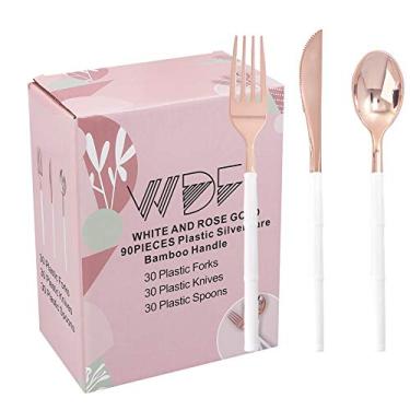 Imagem de WDF 90 peças de talheres de plástico ouro rosa - Talheres de plástico ouro rosa com cabo branco - Talheres descartáveis resistentes incluem 30 garfos, 30 colheres e 30 facas para casamento, festa