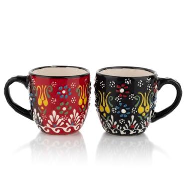 Imagem de Conjunto de xícaras de café expresso de cerâmica de 59 a 156 g xícaras de chá Demitasse com alça, conjunto moderno de xícaras de café de cerâmica empilháveis para Lungo (VERMELHO/PRETO)
