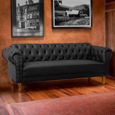 Imagem de Sofá Chesterfield 3 Lugares Pés Luís XV Capitonê Corino Preto