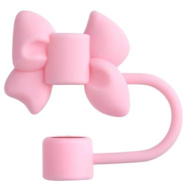 Imagem de HINZIC 2 peças de cobertura de canudo de laço de 10 mm, tampas de canudo de silicone reutilizáveis rosa para Stanley 30/1,134 g acessórios para copos de bebida, Natal, Dia dos Namorados, casamento