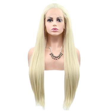 Imagem de Lindo Peruca Loira de Renda Frente para Festa Diária Perucas Sintéticas Resistentes ao Calor Para Mulheres Longa Reta com Olhar Natural com Rede de Cabelo Ajustável