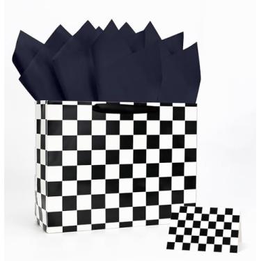Imagem de MUNILAIL Saco de presente quadriculado preto e branco de 33 cm grande com alça de papel de seda e cartão de felicitações para aniversário, chá de bebê, corrida, carro, festa, grande, saco de presente