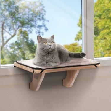 Imagem de Petsfit Poleiro De Janela Para Gatos, Assento De Janela De Rede Para Gatos Com Madeira Maciça Natural E Tapete De Lã Removível, Cama De Gato Resistente E Segura Para Peitoril De Janela, Cabeceira E