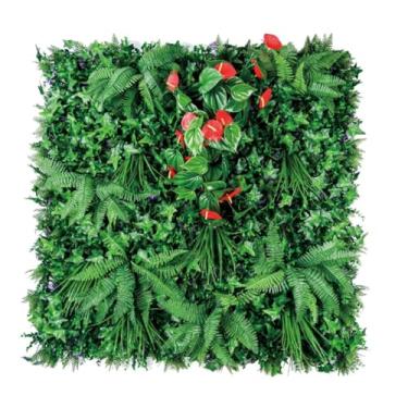 Imagem de Painel Artificial de Jardim Vertical, Folhagem Verde com Flores Vermelhas, Decoração para Ambientes