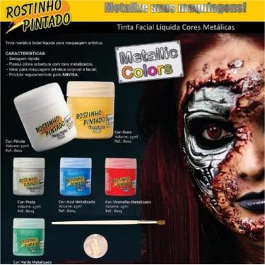 Imagem de Kit Com 6 Tintas Facial Para Festa Metálica+ Pincel + Gliter - Rostinh