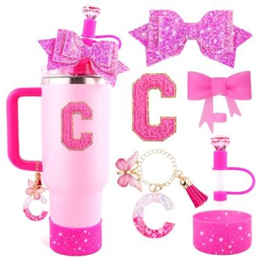 Imagem de Lingdeer Conjunto de acessórios de copo rosa rosa para Stanley Copo de 850 g e 1,134 g com alça, pingentes de letras, capas de canudo de arco e diamante, bota de silicone com glitter, adesivo