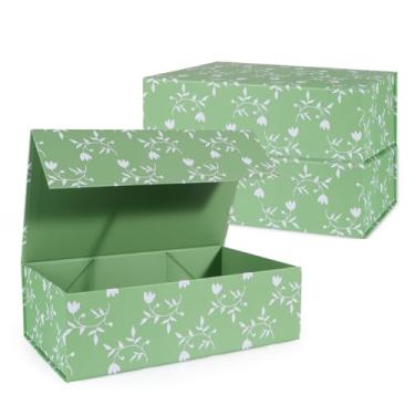 Imagem de LFBOX Caixa de presente de folhas verdes com tampas magnéticas 35 x 21 x 11 cm, grandes caixas de pedido de dama de honra, caixa de armazenamento retangular decorativa de casamento, pacote com 3
