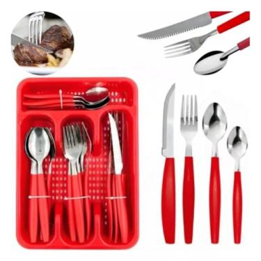 Imagem de Conjunto de Talheres em Aço Inox, 25 Peças, Vermelho, com Porta Talher, 6 Colheres de Mesa, 6 Colheres de Chá, 6 Garfos, 6 Facas