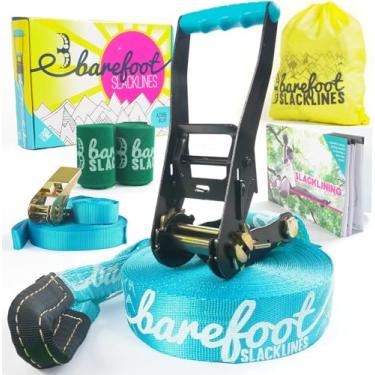 Imagem de Kit Slackline Barefoot de 18 m, incluindo catraca, linha de treinamento, protetores de latidos e instruções! Projetado para crianças e adultos - 3 cores disponíveis (azul azul)