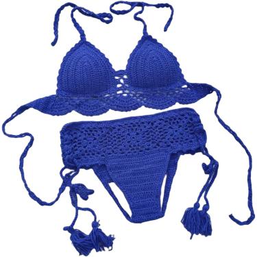 Imagem de Conjunto De Biquíni De Crochê Para Mulheres - Conjunto De Biquíni De Crochê Sexy De Verão Com Acolchoamento Maiô Moda Feminina Swimwear Hollow Backless Hanging Neck Beachwear, Blue, L
