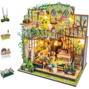 Imagem de Blocos de Montar Construção Casas de Flores Madeira DIY Brinquedos Infantil Com Luz LED (Casa)