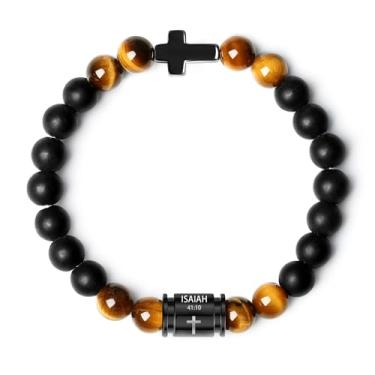 Imagem de ketryep Pulseiras masculinas com contas de pedra vulcânica natural de 10 mm, ônix preto e olhos de tigre, pulseiras cruzadas com versículo bíblico para homens, Natal, aniversário, presentes religiosos
