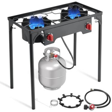 Imagem de SKOK Fogão a propano de 2 bocas – Fogão de acampamento portátil com queimador de propano de alta eficiência de 150.000 BTU, fogão ao ar livre para acampamento, quintal, piquenique