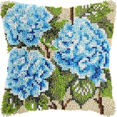 Imagem de Kits de almofadas de gancho de trinco de flores de hortênsia, capa de almofada com estampa de lona impressa para sofá, almofadas de gancho, artesanato, bordado, gancho, kits de crochê 43 x 43 cm (165)