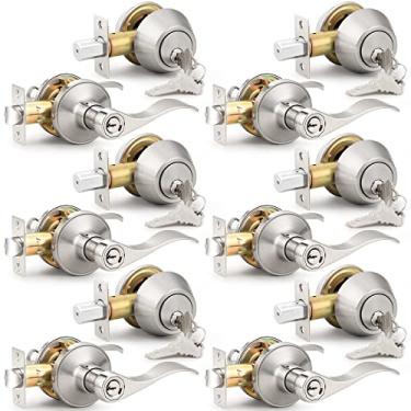 Imagem de Probrico Conjunto de fechadura de porta externa, maçanetas de porta frontal, maçanetas de porta de entrada e fechadura combinadas com fechadura de cilindro duplo, ferragens externas e internas níquel