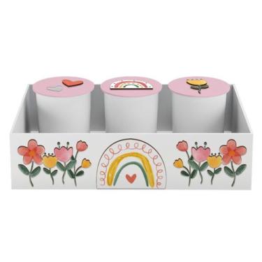 Imagem de Trio de Potes e Bandeja Kit Higiene MDF Sunshine Arco Íris - Neném na 