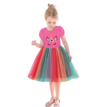 Imagem de HILEELANG Vestidos de Páscoa para meninas, manga curta, babados, algodão, tule, tutu, vestidos de festa de aniversário, 251225#roseunicorn1, 3 Anos