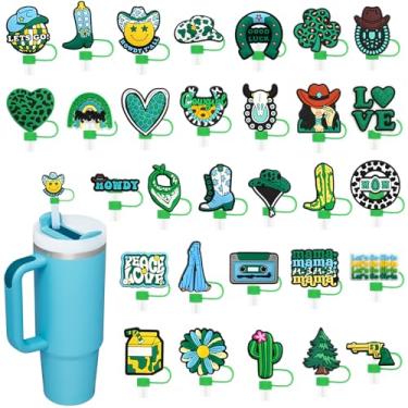 Imagem de Pacote com 30 tampas de palha de cowboy verde para copos, 10 mm bonito topo de palha à prova de poeira para garrafas de água Stanley copos acessórios presentes para mulheres lembrancinhas de festa