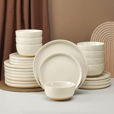Imagem de Conjunto de 24 peças de louça de grés de fazenda para 8, conjunto de pratos e tigelas de cerâmica salpicada, terracota fosca, resistente a arranhões, pode ir ao micro-ondas e à lava-louças (anoitecer