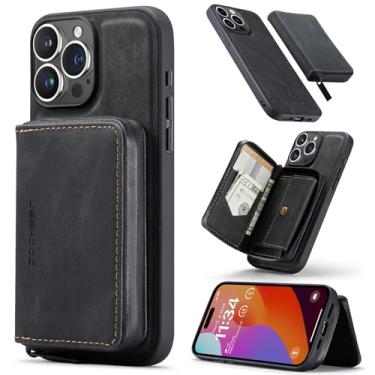 Imagem de Capa tipo carteira com porta-cartão para iPhone 15 Pro, capa magnética de couro 2 em 1 destacável, capa tipo carteira com zíper, capa à prova de choque para iPhone 15 Pro com carregamento sem fio(Blac