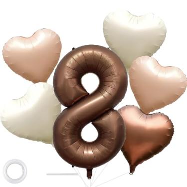 Imagem de Balões de aniversário de 101,6 cm, chocolate, número 8, marrom, grande, hélio, mylar, com 5 unidades de balões de coração para decoração de primeiro aniversário de 8 anos de menina menino de 8 anos