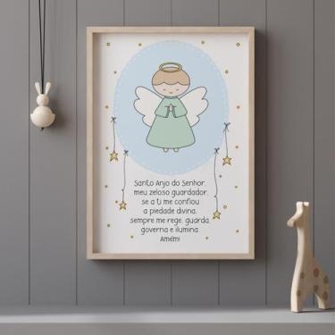 Imagem de Quadro Oração Santo Anjo do Senhor Anjinho Azul Quarto Criança Bebê - 