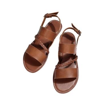 Imagem de GORGLITTER Sandálias femininas trançadas, bico aberto, tira no tornozelo, sandálias planas de verão, Marrom ferrugem, 40